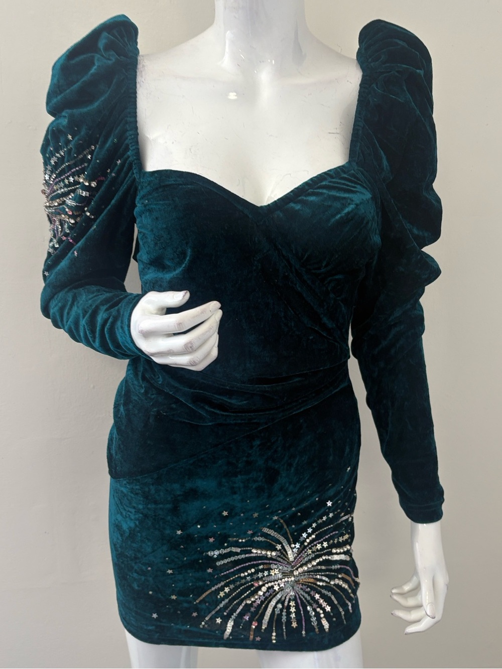 Teal Green Velvet Puff-Sleeve Low Back Mini Dress w Sequin Embellished Fireworks